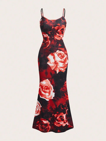 Resort Knit Abstract Rose Printed Slim Strap Women's Dress