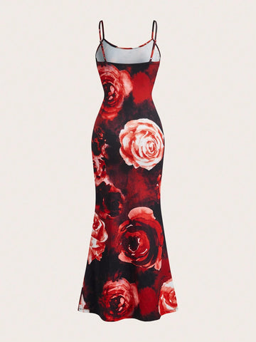 Resort Knit Abstract Rose Printed Slim Strap Women's Dress