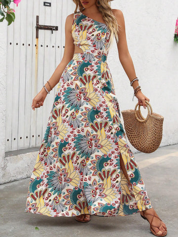 Resort Style Backless One Shoulder Sleeveless Dress With All-Over Print