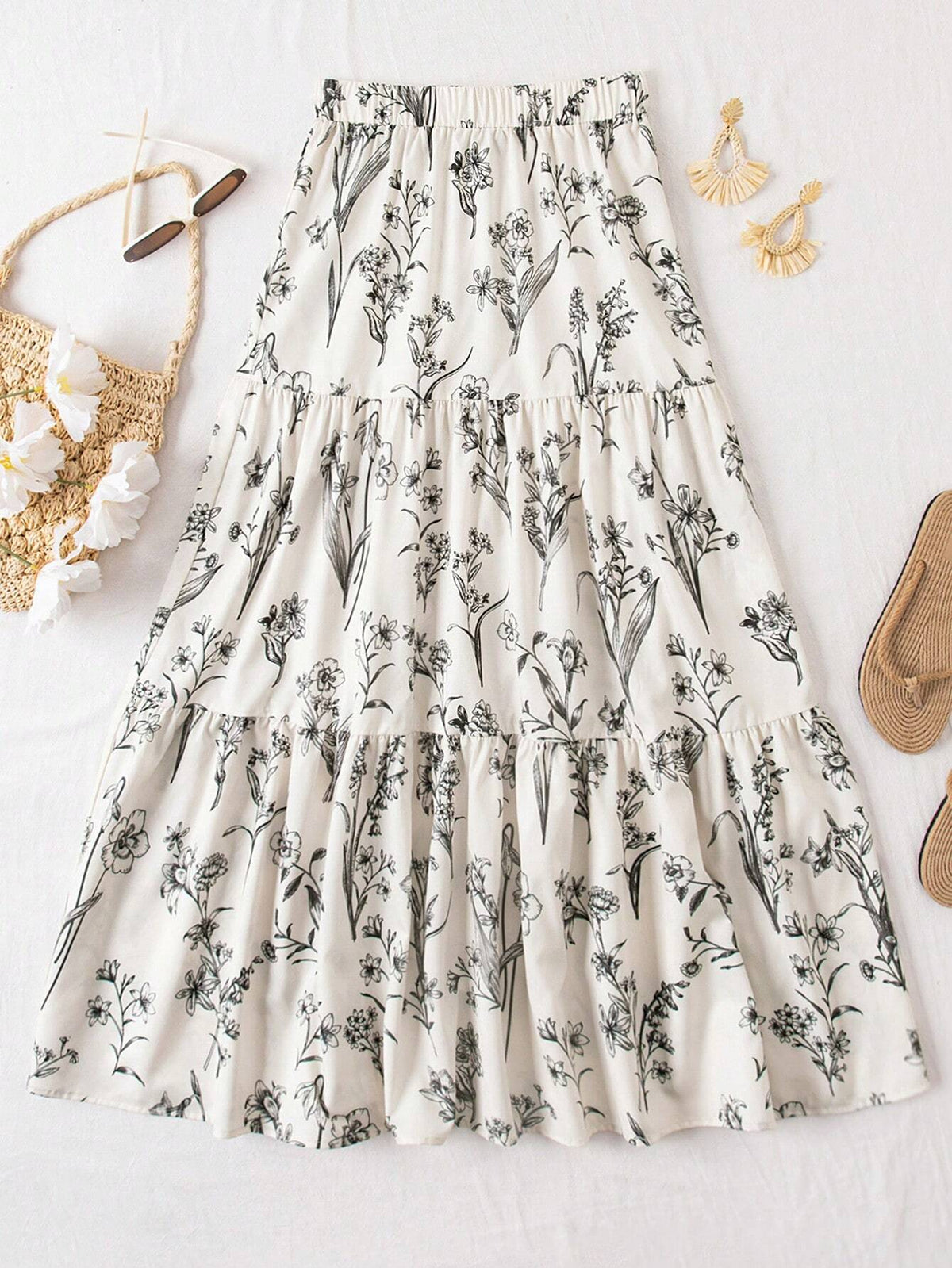 VCAY Resort Style High Waist Fit Summer Romantic Floral Printed Multi-Layered Ruffled Hem Women Skirts