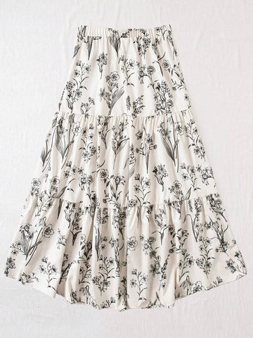 VCAY Resort Style High Waist Fit Summer Romantic Floral Printed Multi-Layered Ruffled Hem Women Skirts
