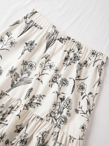 VCAY Resort Style High Waist Fit Summer Romantic Floral Printed Multi-Layered Ruffled Hem Women Skirts