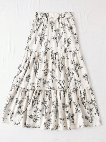 VCAY Resort Style High Waist Fit Summer Romantic Floral Printed Multi-Layered Ruffled Hem Women Skirts