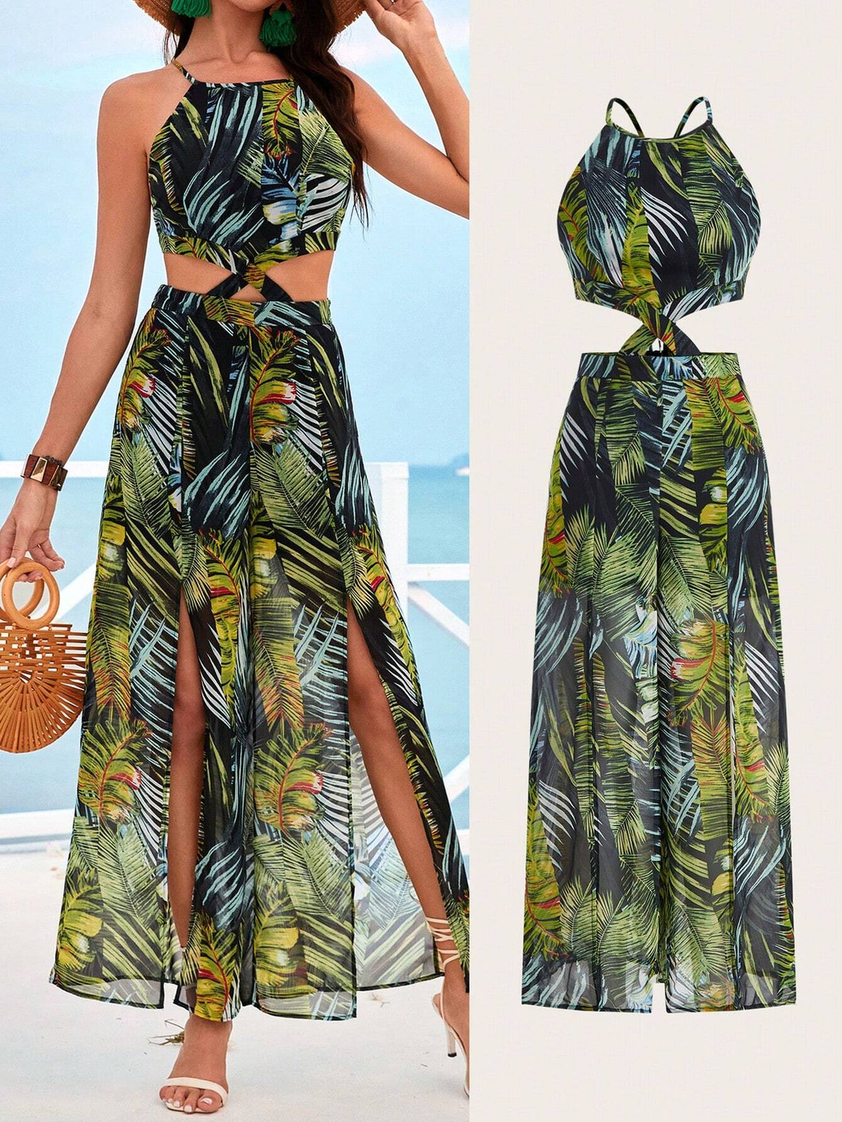 Resort Style Plant Print Hollow Out Halterneck High Split Jumpsuit