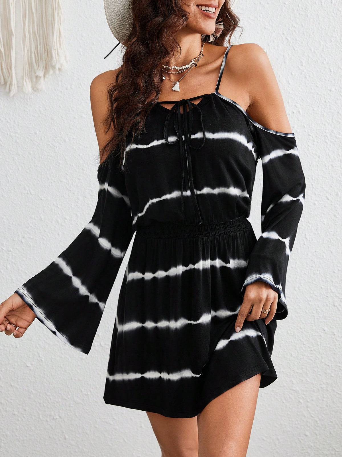 Resort Tie-Dye Stripe Off Shoulder Flare Sleeve Cami Dress