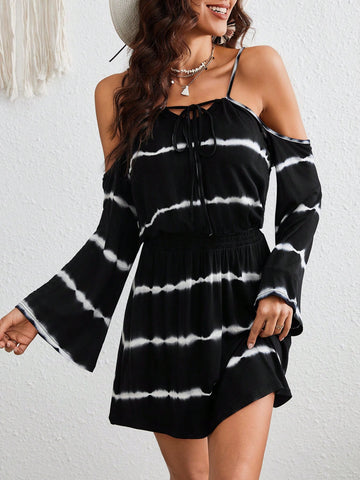 Resort Tie-Dye Stripe Off Shoulder Flare Sleeve Cami Dress