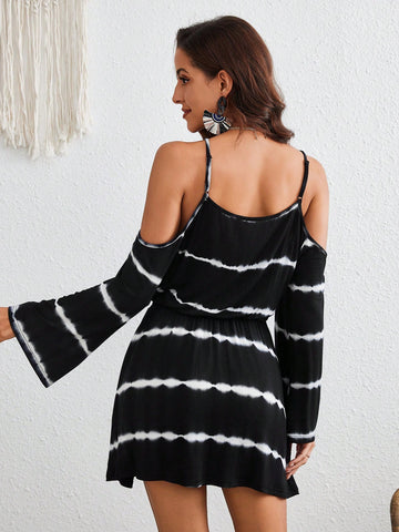 Resort Tie-Dye Stripe Off Shoulder Flare Sleeve Cami Dress