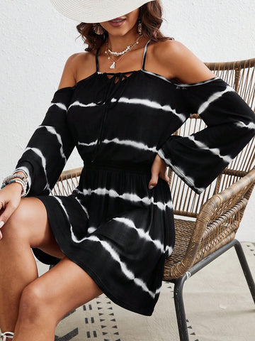 Resort Tie-Dye Stripe Off Shoulder Flare Sleeve Cami Dress