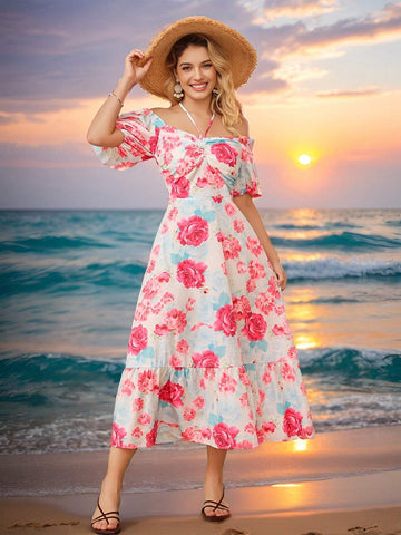 Romantic Rose Printed Vacation Dress With Off Shoulder Neckline, Puff Sleeves, Short Sleeves, Waist Cinched And A-Line Dress