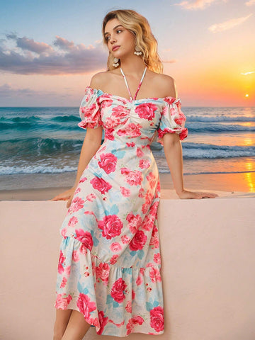 Romantic Rose Printed Vacation Dress With Off Shoulder Neckline, Puff Sleeves, Short Sleeves, Waist Cinched And A-Line Dress