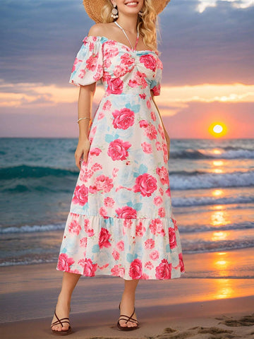 Romantic Rose Printed Vacation Dress With Off Shoulder Neckline, Puff Sleeves, Short Sleeves, Waist Cinched And A-Line Dress