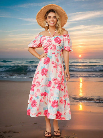 Romantic Rose Printed Vacation Dress With Off Shoulder Neckline, Puff Sleeves, Short Sleeves, Waist Cinched And A-Line Dress