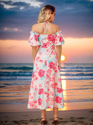 Romantic Rose Printed Vacation Dress With Off Shoulder Neckline, Puff Sleeves, Short Sleeves, Waist Cinched And A-Line Dress