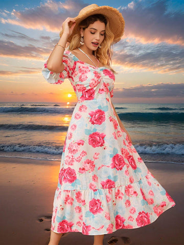 Romantic Rose Printed Vacation Dress With Off Shoulder Neckline, Puff Sleeves, Short Sleeves, Waist Cinched And A-Line Dress