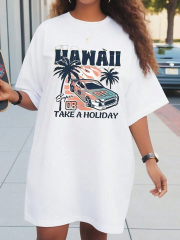Round Neck Letter Printed Casual Short Sleeve Dress, Summer