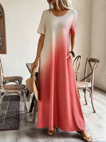 Round Neck Short Sleeve T-Shirt Dress With Irregular Gradient Print