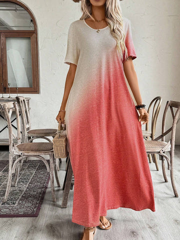 Round Neck Short Sleeve T-Shirt Dress With Irregular Gradient Print