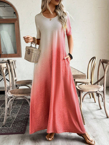 Round Neck Short Sleeve T-Shirt Dress With Irregular Gradient Print