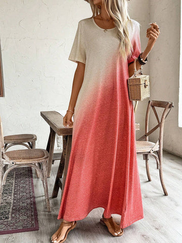 Round Neck Short Sleeve T-Shirt Dress With Irregular Gradient Print