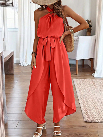 Round Ring Decor Belted Halter Jumpsuit