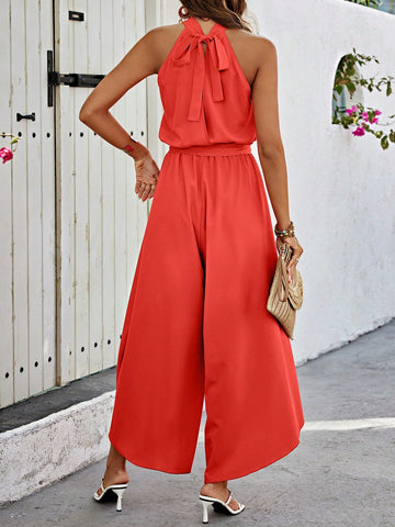 Round Ring Decor Belted Halter Jumpsuit