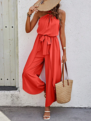 Round Ring Decor Belted Halter Jumpsuit