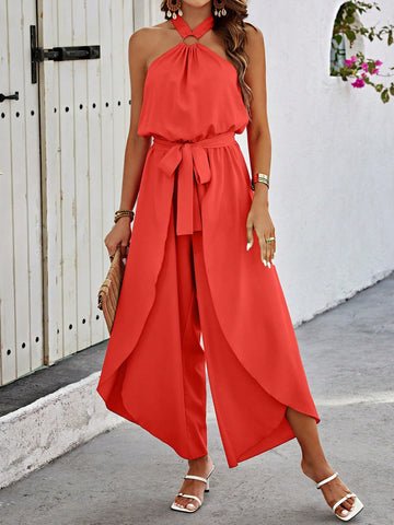 Round Ring Decor Belted Halter Jumpsuit