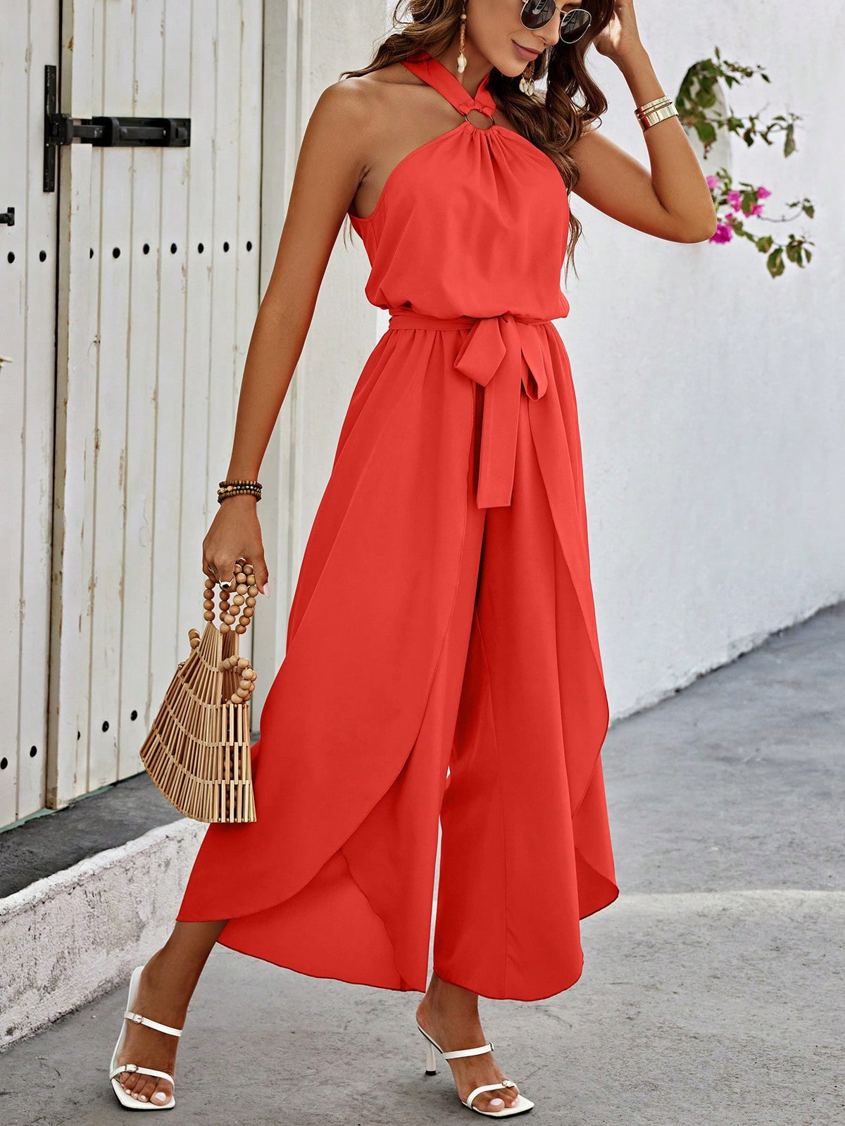 Round Ring Decor Belted Halter Jumpsuit