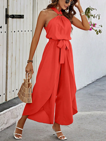 Round Ring Decor Belted Halter Jumpsuit