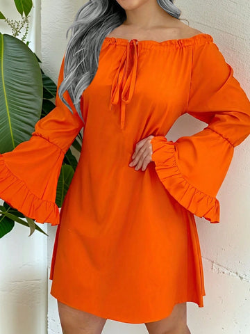 Ruffle Ruffle Edge A-Line Dress With Bow Tie Belt