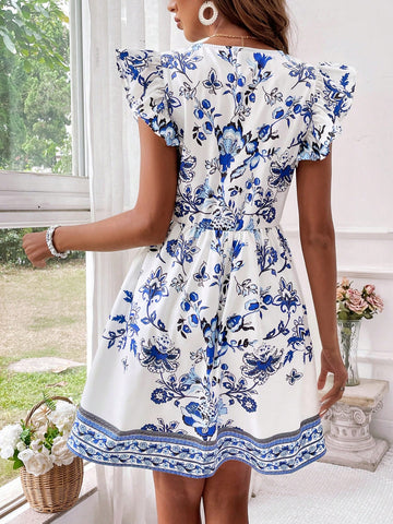 VCAY Floral Print V-Neck Button Detail Ruffle Trimmed Summer Beach Women Dress