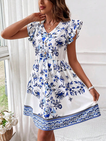 VCAY Floral Print V-Neck Button Detail Ruffle Trimmed Summer Beach Women Dress