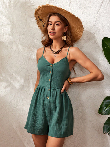 Summer Women'S Solid Color Front Buttoned Strap Jumpsuit