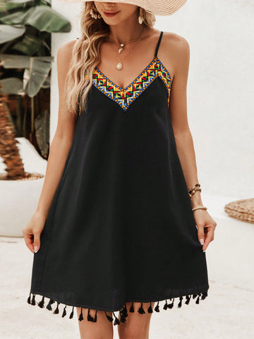 VCAY Vacation Geometric Weave Strap Splicing Fringed Hem Cami Summer Beach Women Dress