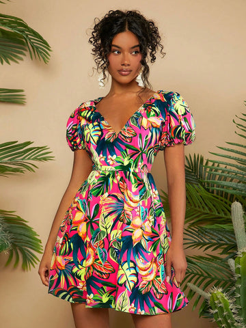 VCAY Women's Tropical Plant Printed Short Puff Sleeve Summer Beach Women Dress
