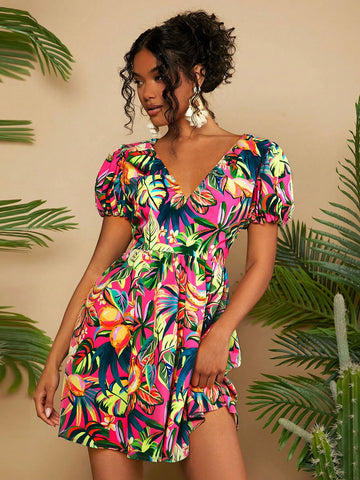 VCAY Women's Tropical Plant Printed Short Puff Sleeve Summer Beach Women Dress