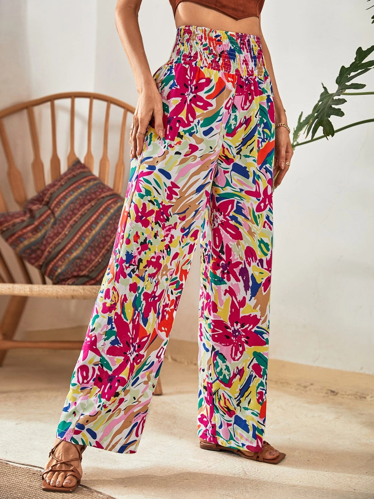VCAY Shirred Waist Allover Floral Pants