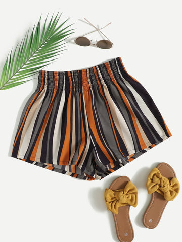 VCAY Shirred Waist Striped Colorblock Shorts