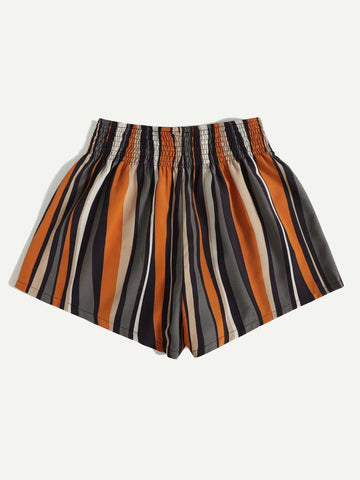 VCAY Shirred Waist Striped Colorblock Shorts