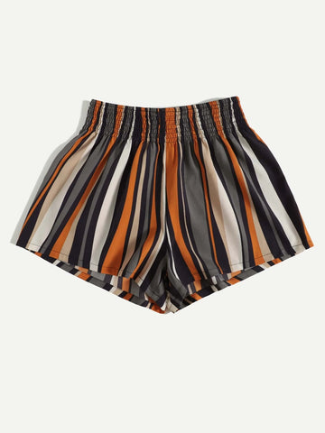 VCAY Shirred Waist Striped Colorblock Shorts