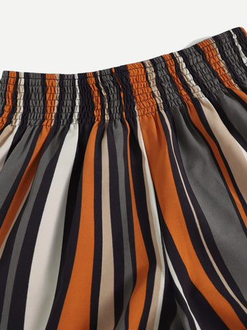 VCAY Shirred Waist Striped Colorblock Shorts