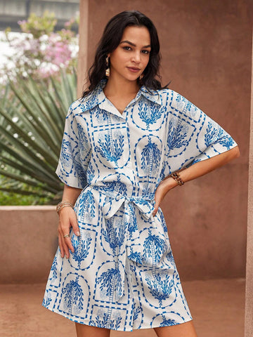 Shirt Collar Printed Summer Cool Short Sleeve Dress