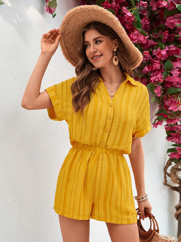 Shirt Collar, Turn-Up Cuff, Tactile Cutout, Flower Applique, Jumpsuit Shorts