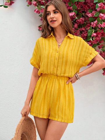 Shirt Collar, Turn-Up Cuff, Tactile Cutout, Flower Applique, Jumpsuit Shorts