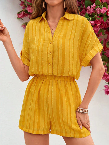 Shirt Collar, Turn-Up Cuff, Tactile Cutout, Flower Applique, Jumpsuit Shorts