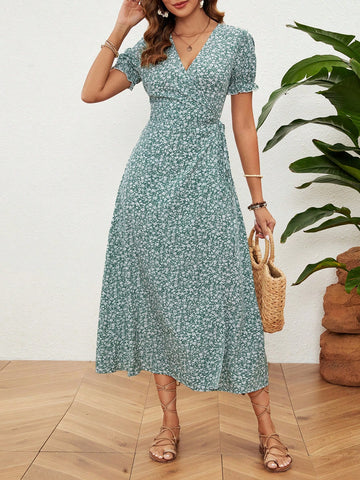 Short Sleeve Floral Wrap Dress With Waist Tie
