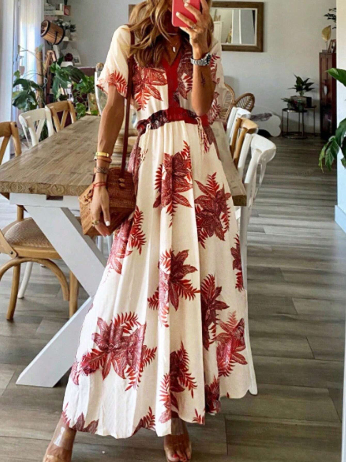 Shoulder-Connected Long Sleeve Red Tropical Flower Patchwork Drawstring Dress