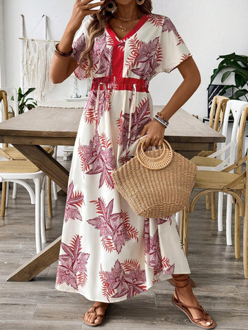 Shoulder-Connected Long Sleeve Red Tropical Flower Patchwork Drawstring Dress