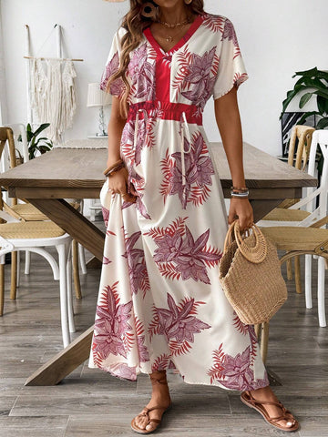 Shoulder-Connected Long Sleeve Red Tropical Flower Patchwork Drawstring Dress