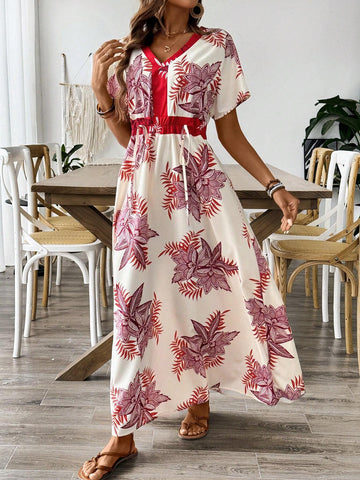 Shoulder-Connected Long Sleeve Red Tropical Flower Patchwork Drawstring Dress